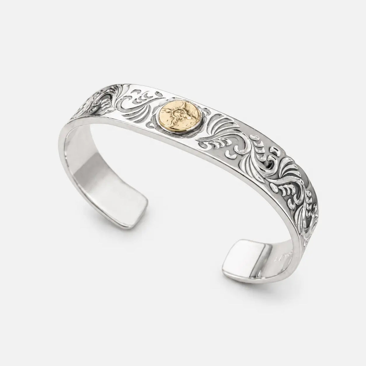 First Arrow's 12mm Arabesque Bangle with 18k Gold Sunburst Emblem