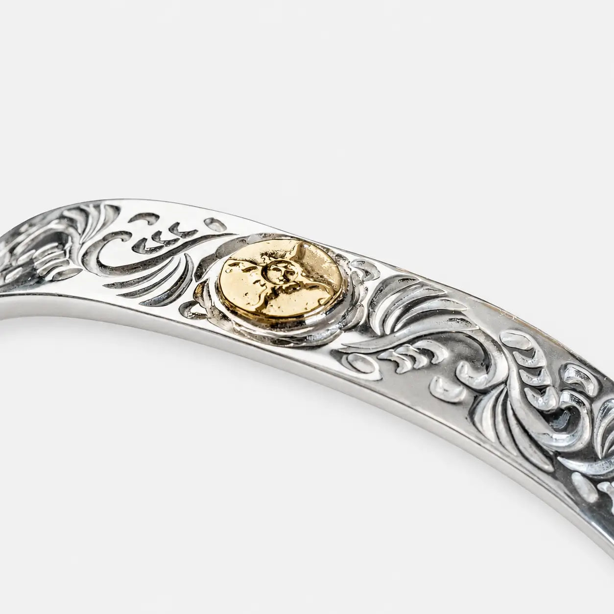 First Arrow's 12mm Arabesque Bangle with 18k Gold Sunburst Emblem