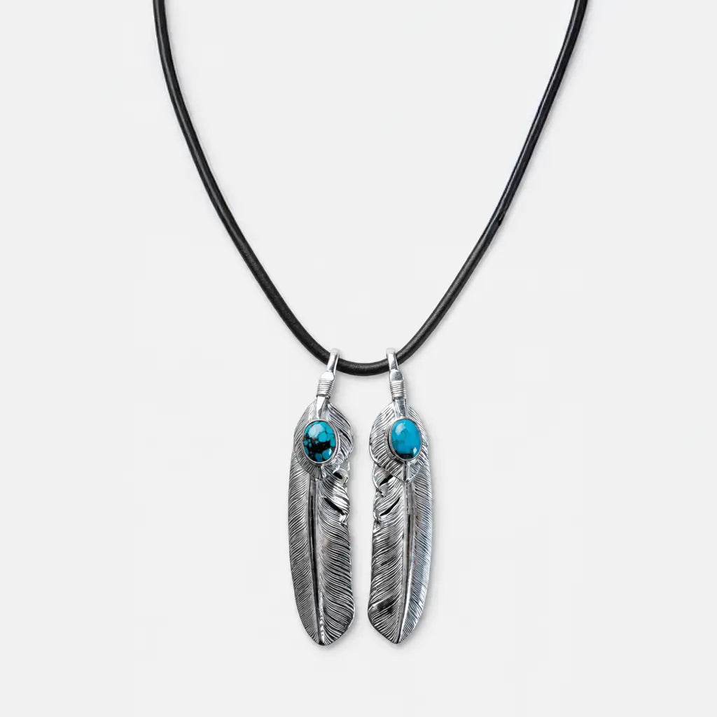 First Arrow's Large Feather Silver Pendant With Turquoise