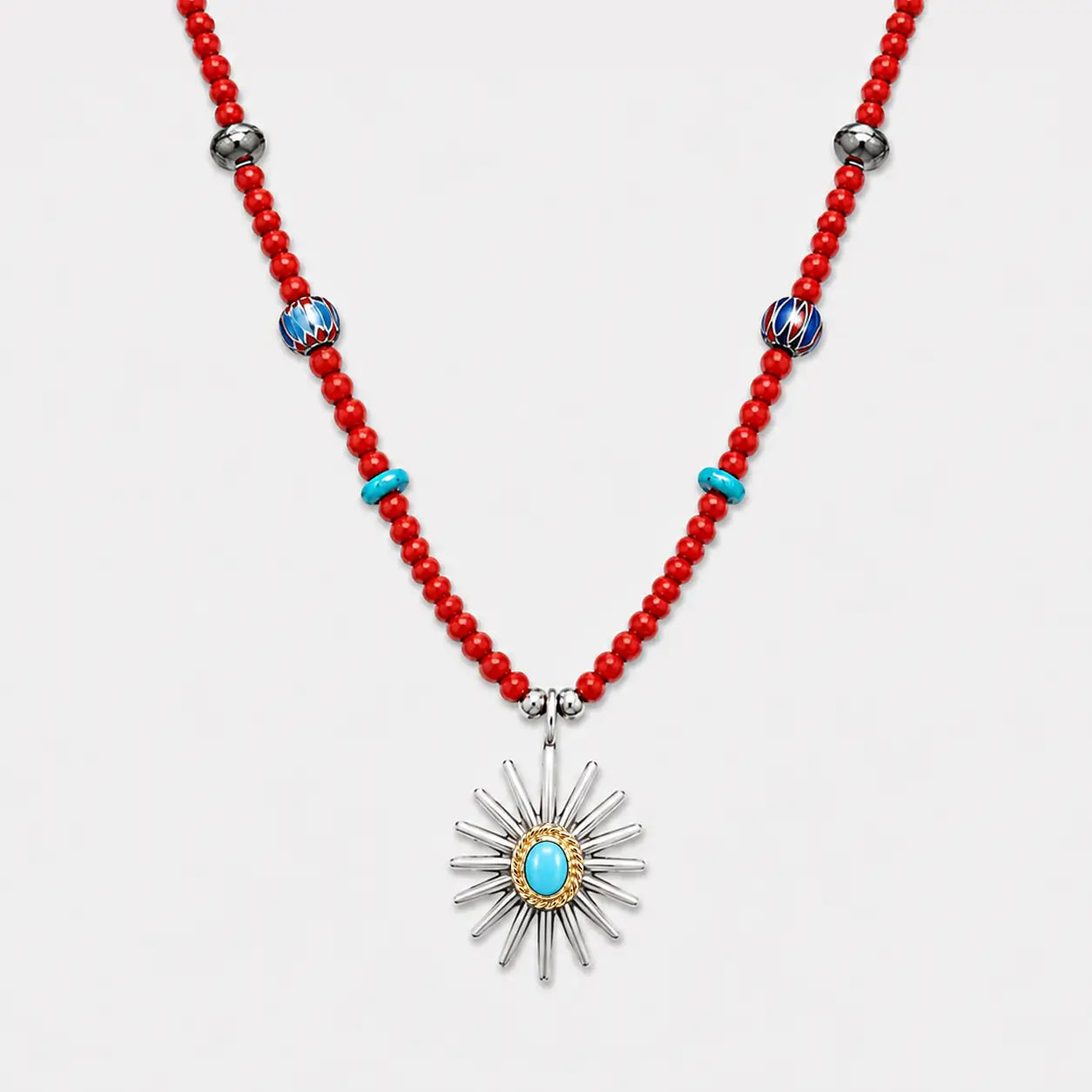 Goros Gold Rope Turquoise Sea Urchin Antique Red Beads Setup