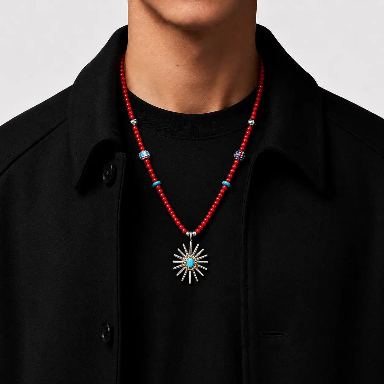 Goros Gold Rope Turquoise Sea Urchin Antique Red Beads Setup