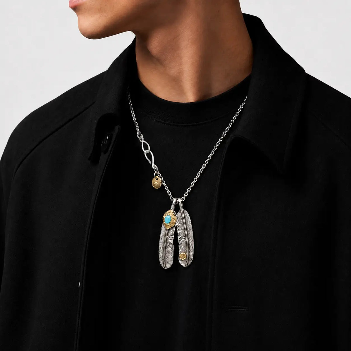 Goros Gold Top Gold Rope Turquoise Double Feathers Setup