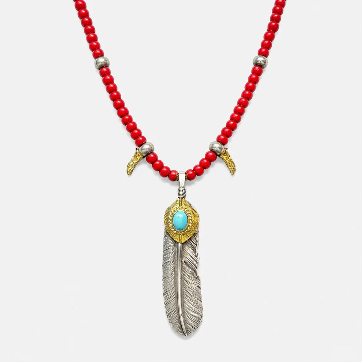 Goros Gold Top Gold Rope Turquoise Feather & Red Bead Setup