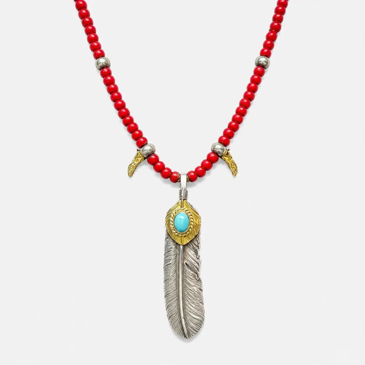Goros Gold Top Gold Rope Turquoise Feather & Red Bead Setup