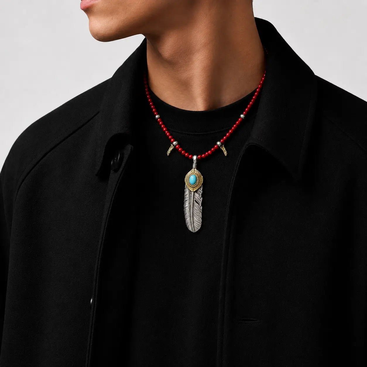 Goros Gold Top Gold Rope Turquoise Feather & Red Bead Setup