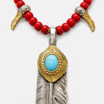 Goros Gold Top Gold Rope Turquoise Feather & Red Bead Setup