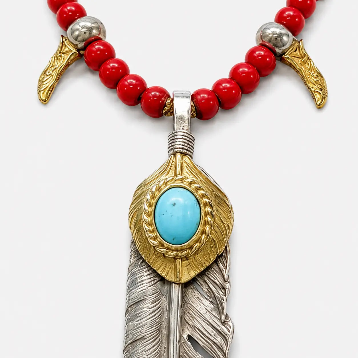 Goros Gold Top Gold Rope Turquoise Feather & Red Bead Setup
