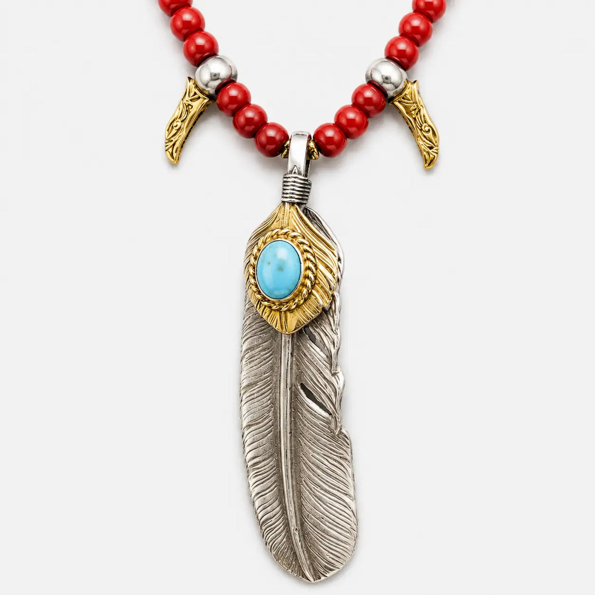 Goros Gold Top Gold Rope Turquoise Feather & Red Bead Setup