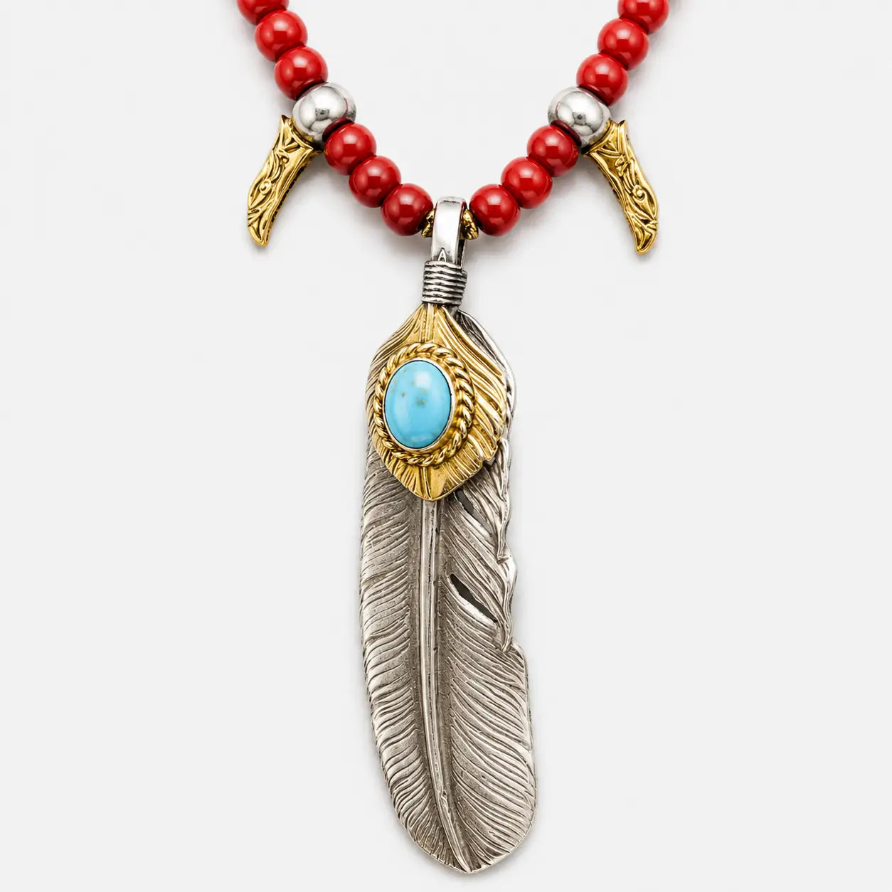 Goros Gold Top Gold Rope Turquoise Feather & Red Bead Setup