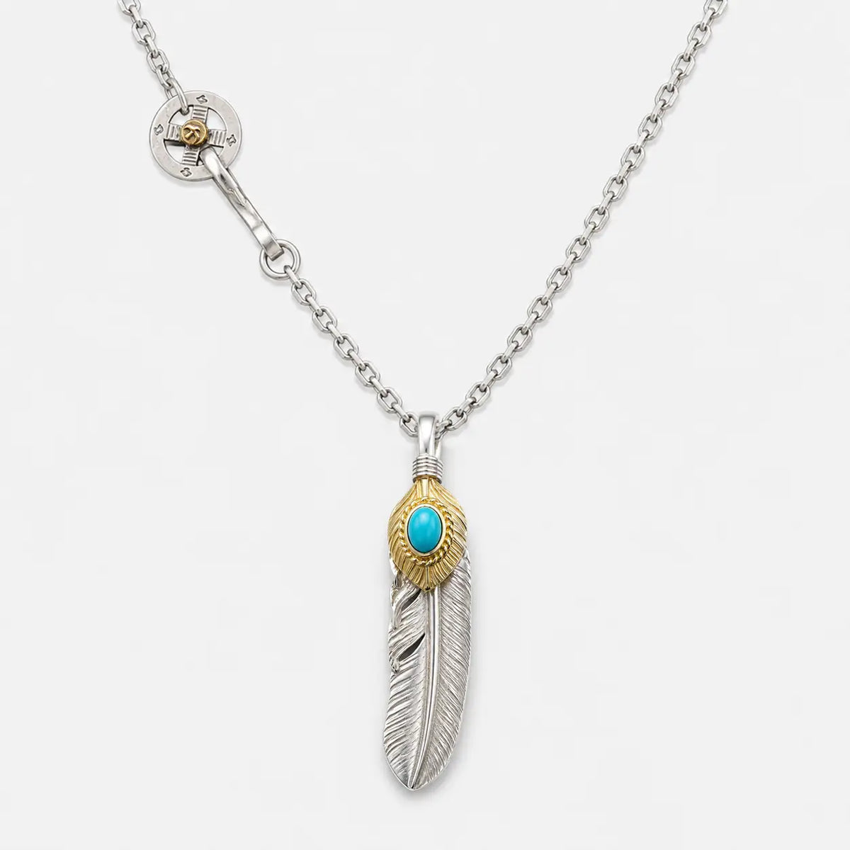 Goros Gold Top Gold Rope Turquoise Feather and Silver Wheel Setup