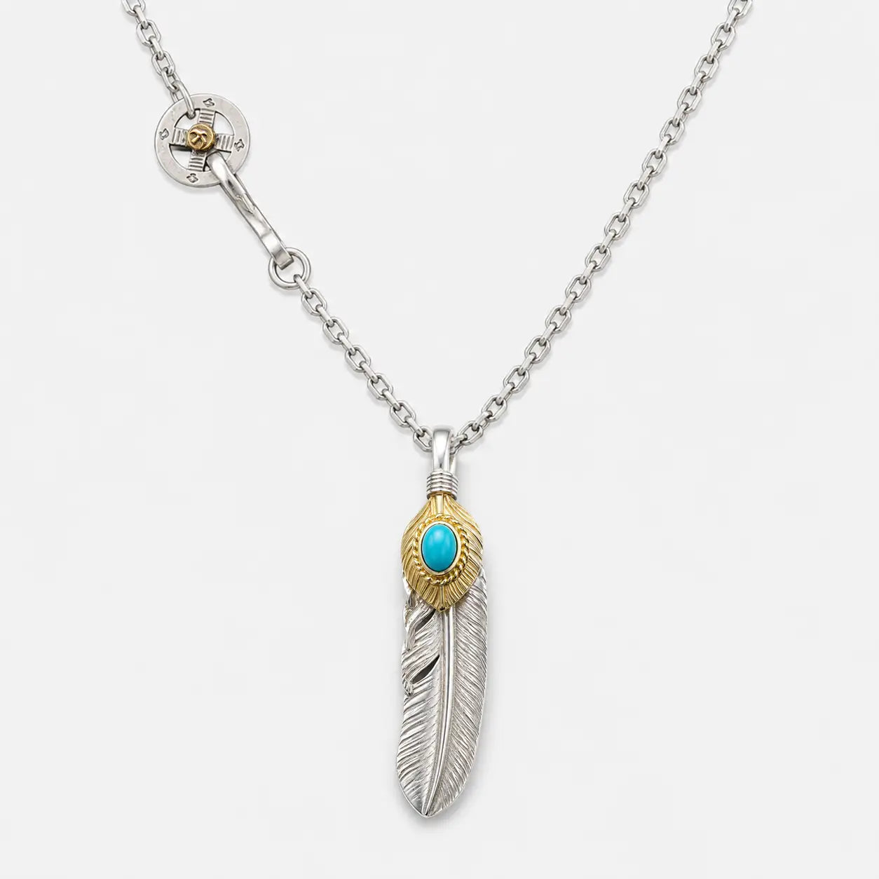 Goros Gold Top Gold Rope Turquoise Feather and Silver Wheel Setup