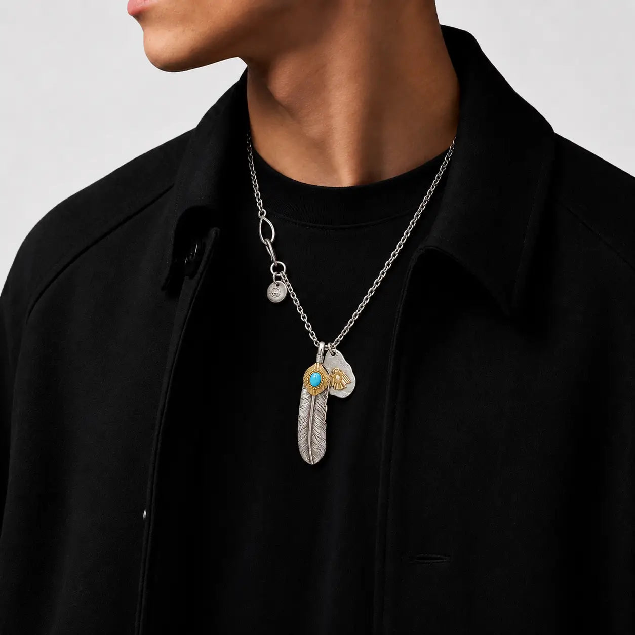 Goros Gold Top Turquoise Feather With Metal Pendant Setup