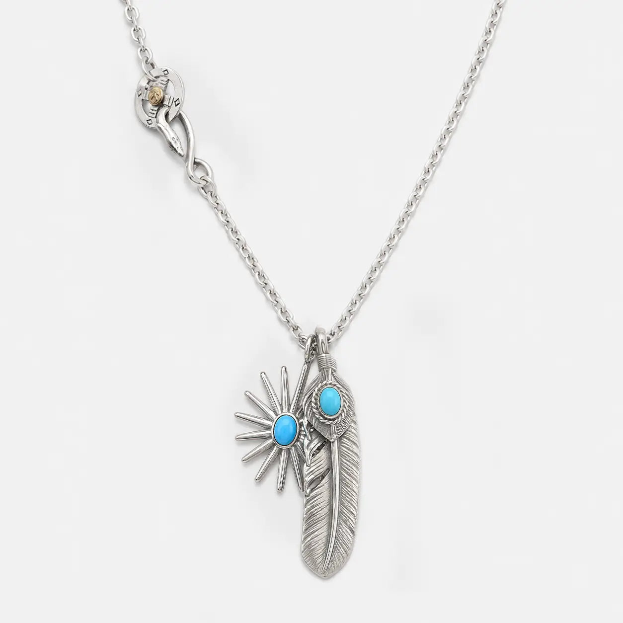 Goros Silver Top Silver Rope Turquoise Feather With Sea Urchin With Turquoise Pendant