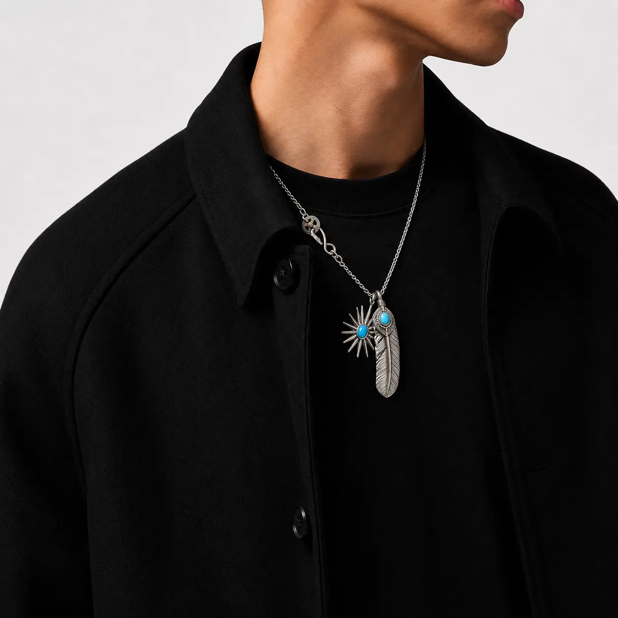 Goros Silver Top Silver Rope Turquoise Feather With Sea Urchin With Turquoise Pendant