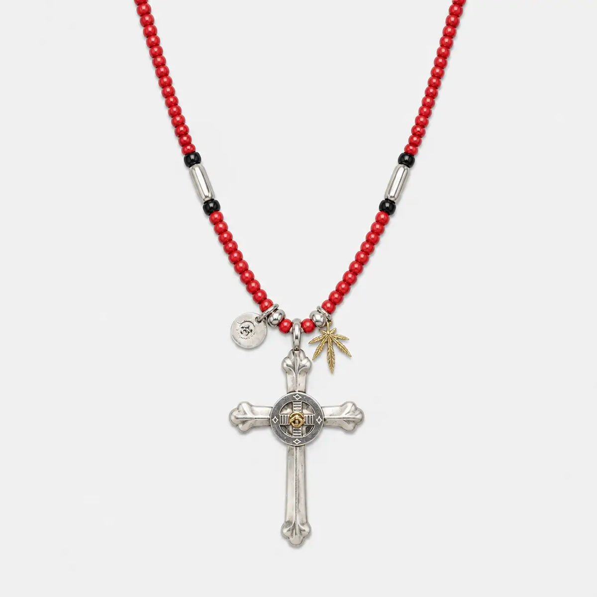 Goros Silver Wheel Cross With K18 Gold + Antique Red Beads Setup
