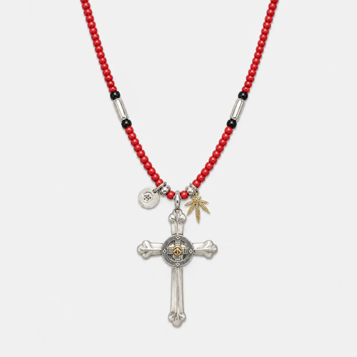 Goros Silver Wheel Cross With K18 Gold + Antique Red Beads Setup