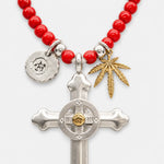 Goros Silver Wheel Cross With K18 Gold + Antique Red Beads Setup