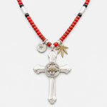 Goros Silver Wheel Cross With K18 Gold + Antique Red Beads Setup
