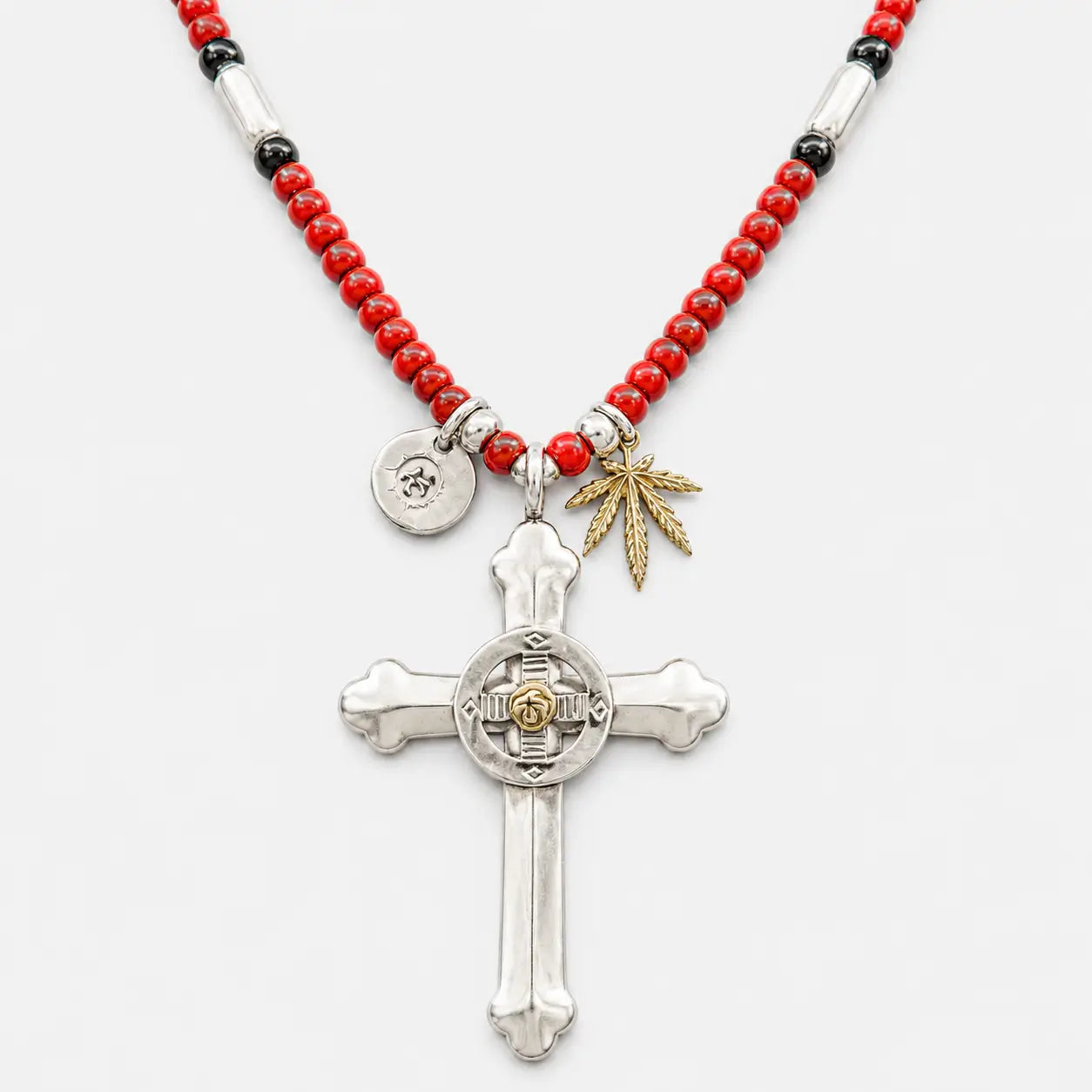Goros Silver Wheel Cross With K18 Gold + Antique Red Beads Setup