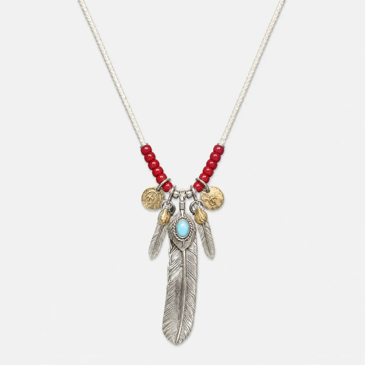 Goros Turquoise Feather With Red Beads Leather Cord Setup