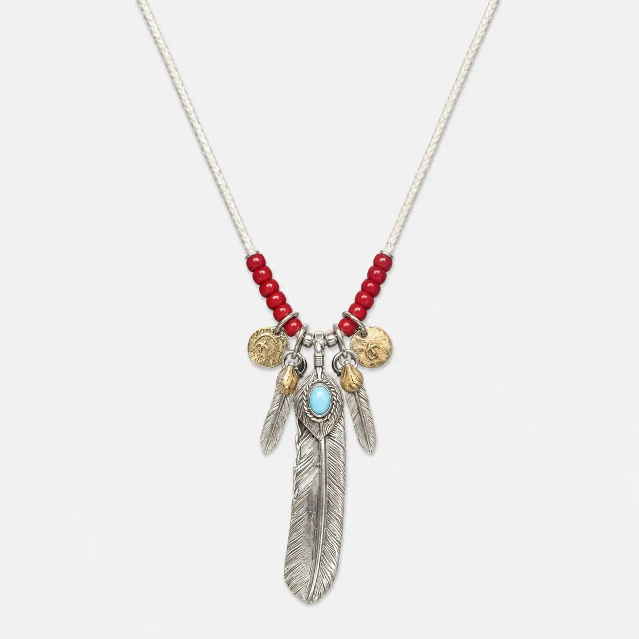 Goros Turquoise Feather With Red Beads Leather Cord Setup