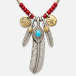Goros Turquoise Feather With Red Beads Leather Cord Setup