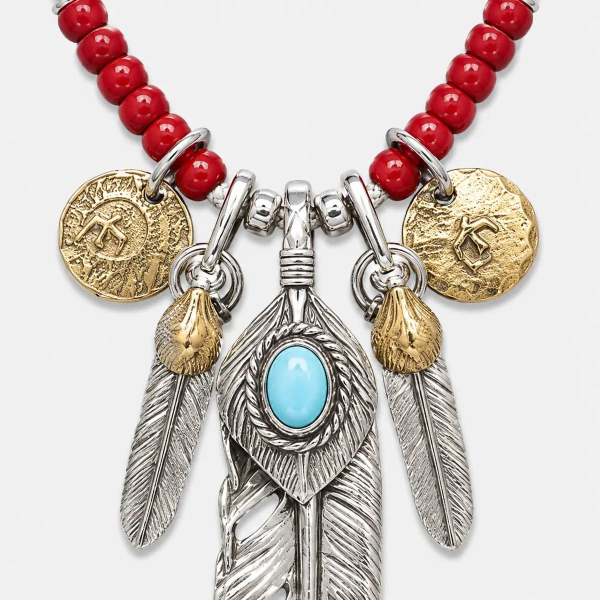 Goros Turquoise Feather With Red Beads Leather Cord Setup