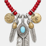 Goros Turquoise Feather With Red Beads Leather Cord Setup